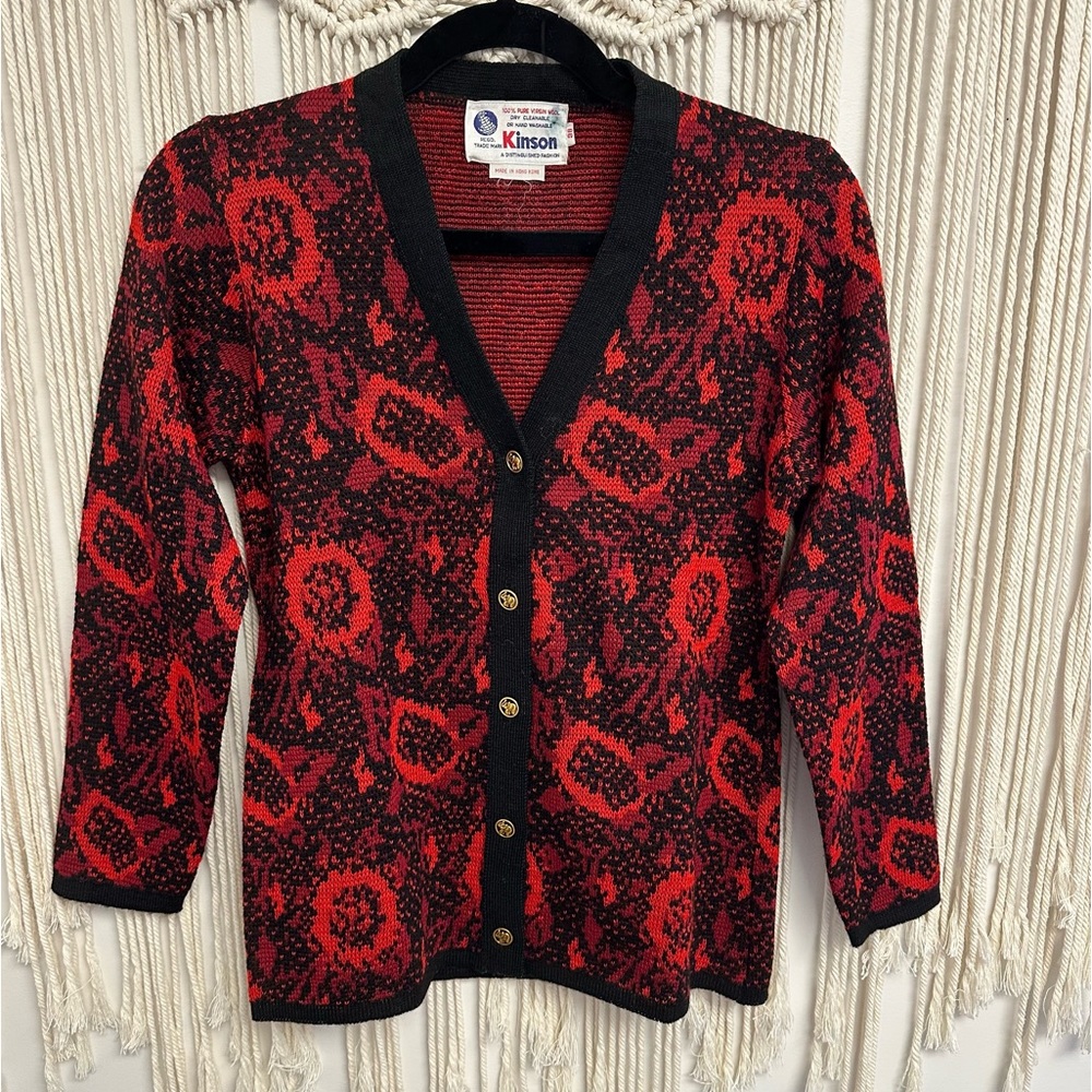 Vintage Kinson black and red wool sweater with elephant buttons